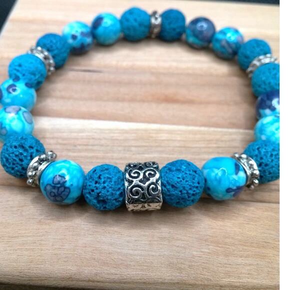 Artisan Rain Flower Jade Bracelet Beaded Lava Stones Diffuser Tibetan Silver - Picture 9 of 14